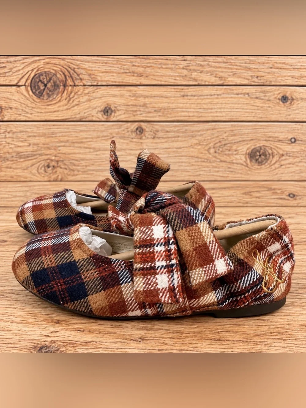 Sam Edelman Kids Felicity Rust Plaid Bow Ballet Flats Girls Navy Cream Size 2Y
